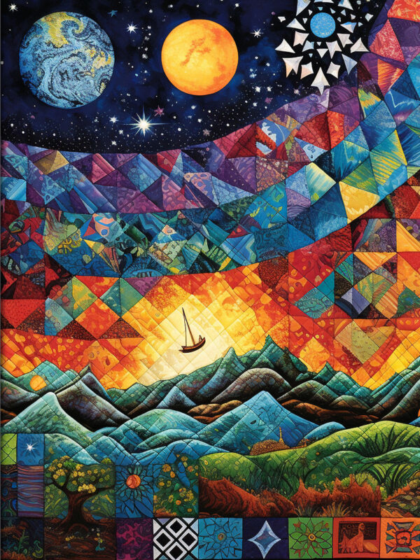Journey Through Numbers: 222 Pages of Numerology Magic and Daily Affirmations, Bound in a Celestial Patchwork Landscape